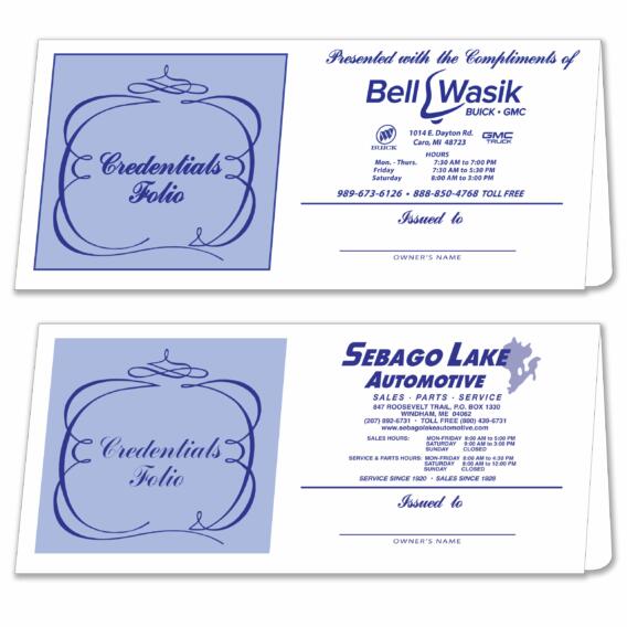 Credential Folios auto dealership supply