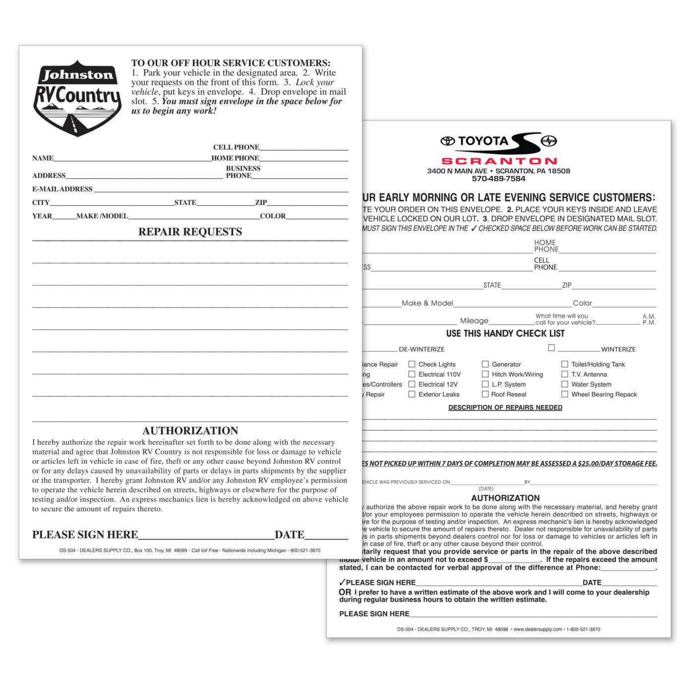 Early Bird Envelopes for service auto dealer supply